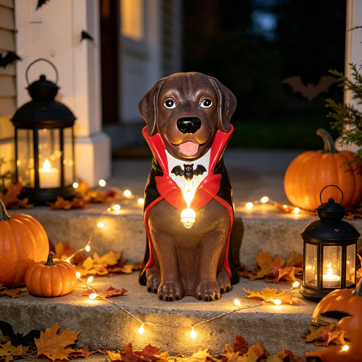 Clearance! Halloween Light‑Up Dog Figurine, 7.9in Scarecrow Dog Statue with Glowing Pumpkin, Waterproof Resin Table Yard Decor