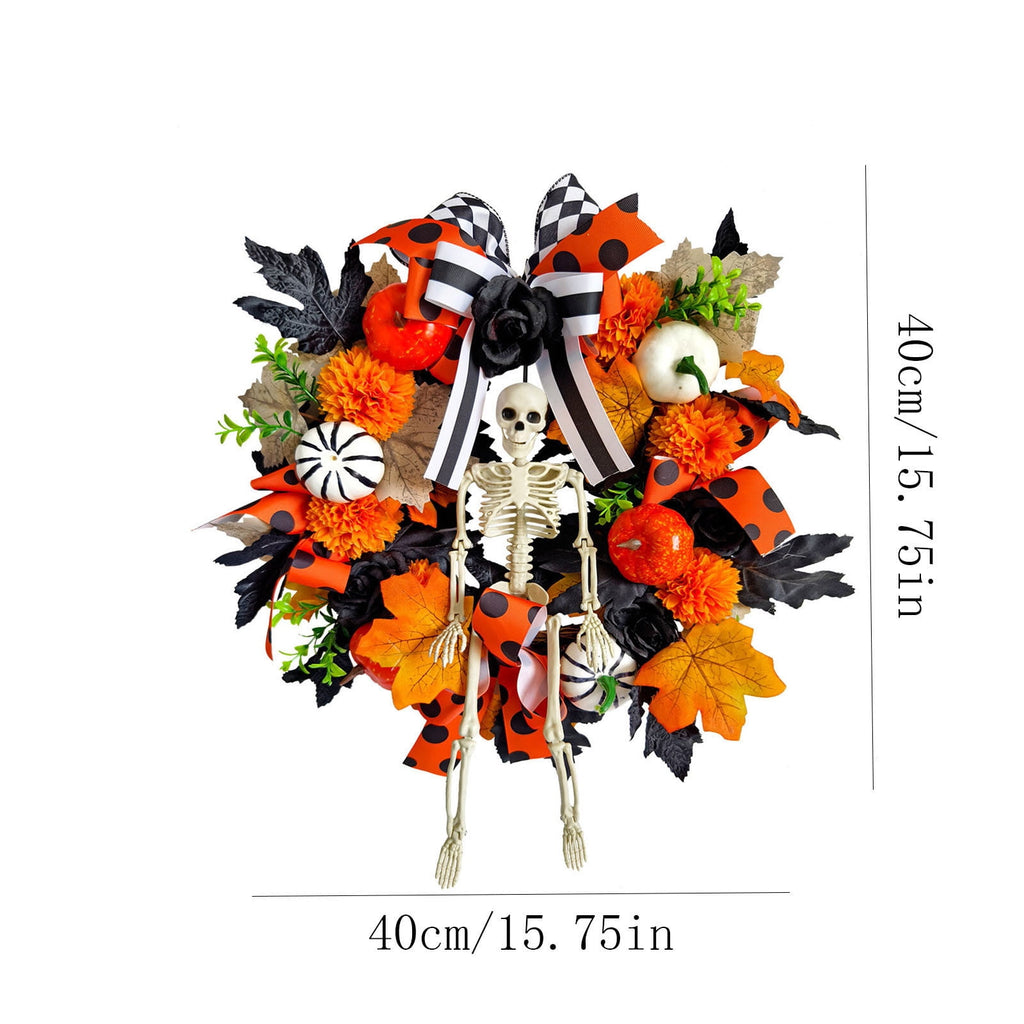 ICQOVD Halloween Pumpkin Maple Leaf Wreath with Skeleton Ornament Orange Black Bow Front Door Hanging Fall Home Decoration 15.75*15.75*3.15IN