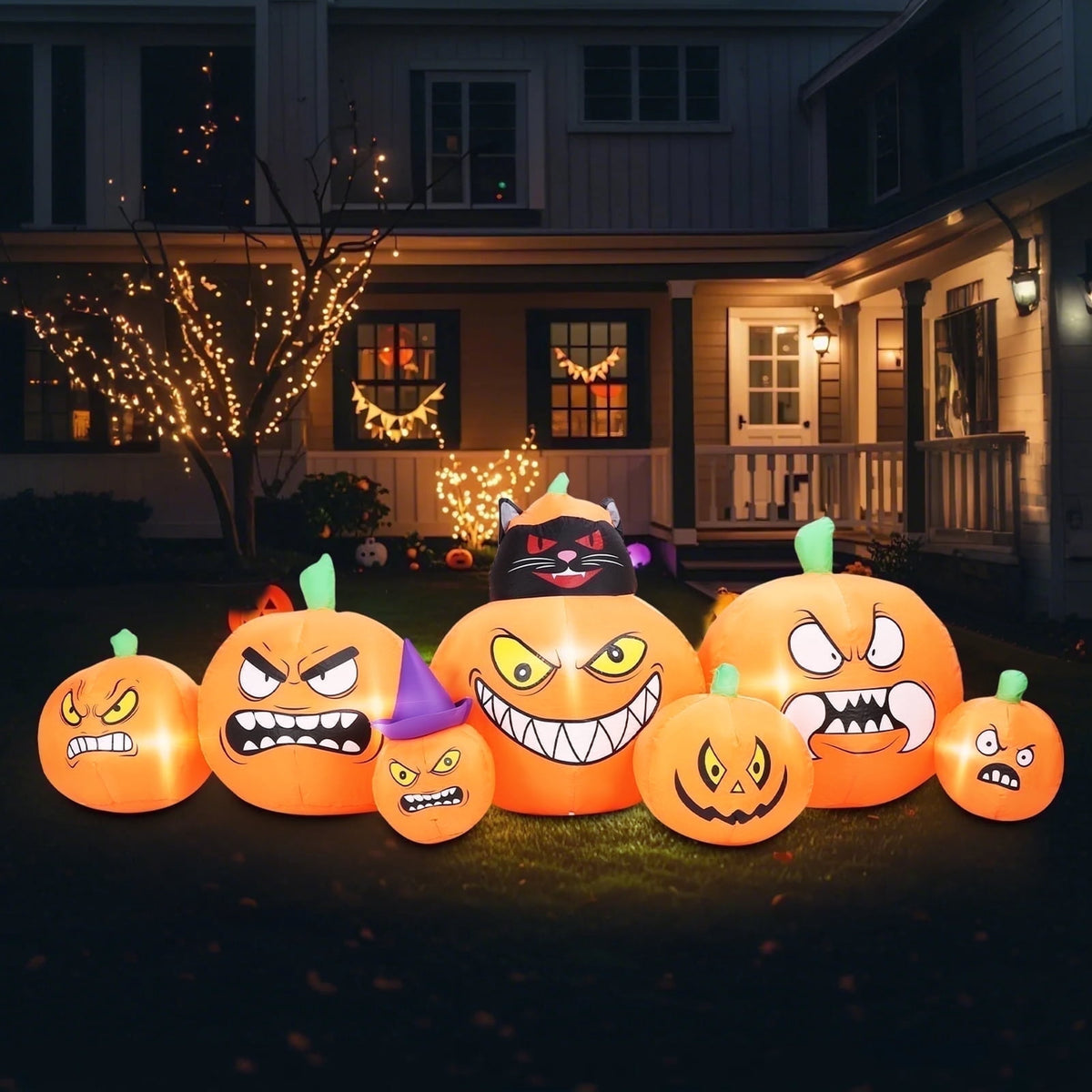 Halloween Inflatables Outdoor, 8FT Long Cute & Lighted Blow Up Decoration Pumpkin Family with Witch Hat, Large Halloween Inflatables Decorations with Lights for Yard, Holiday, Home