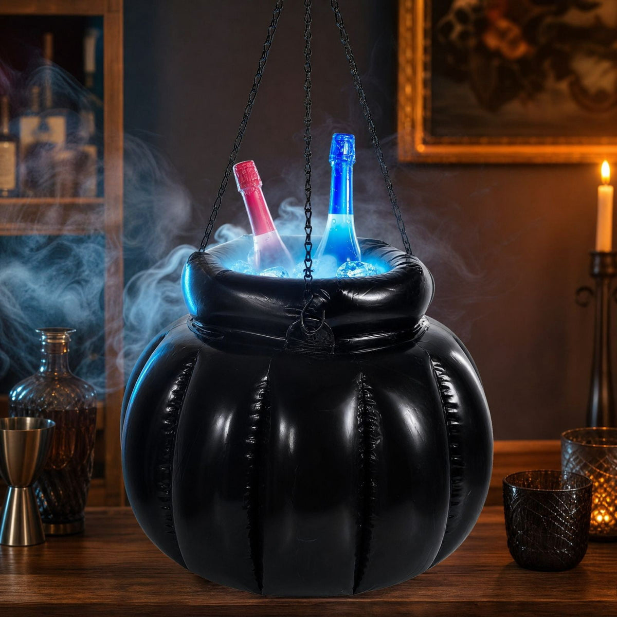 JHRGJIO Inflatable Witch Cauldron Cooler Stand Base, Hanging Pumpkin Ice Bucket with Mist Maker Fog Effect, Halloween Party Drink Chiller for Backyard Patio Outdoor Use