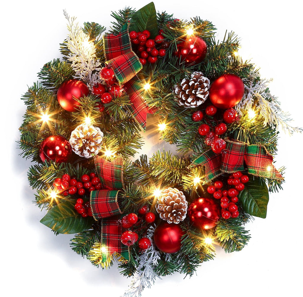 JoanKaren 24 inch Large Christmas Wreath Silver White with 20 LED Lights,Prelit Xmas Wreath w/ Ball Ornaments Pine Cone
