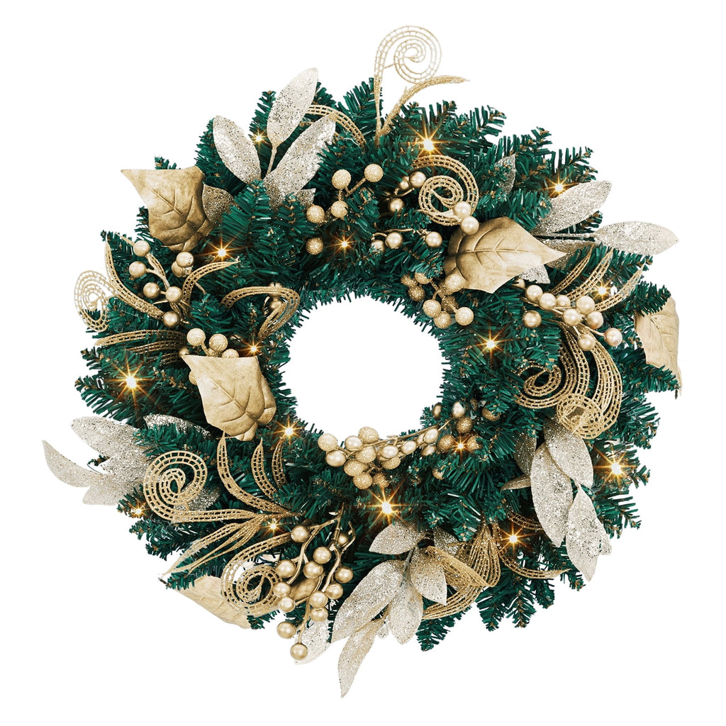 JoanKaren 24 inch Large Christmas Wreath Silver White with 20 LED Lights,Prelit Xmas Wreath w/ Ball Ornaments Pine Cone