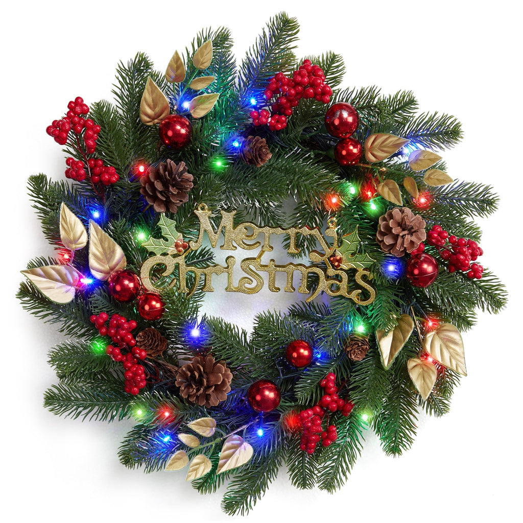 JoanKaren 24 inch Large Christmas Wreath Silver White with 20 LED Lights,Prelit Xmas Wreath w/ Ball Ornaments Pine Cone