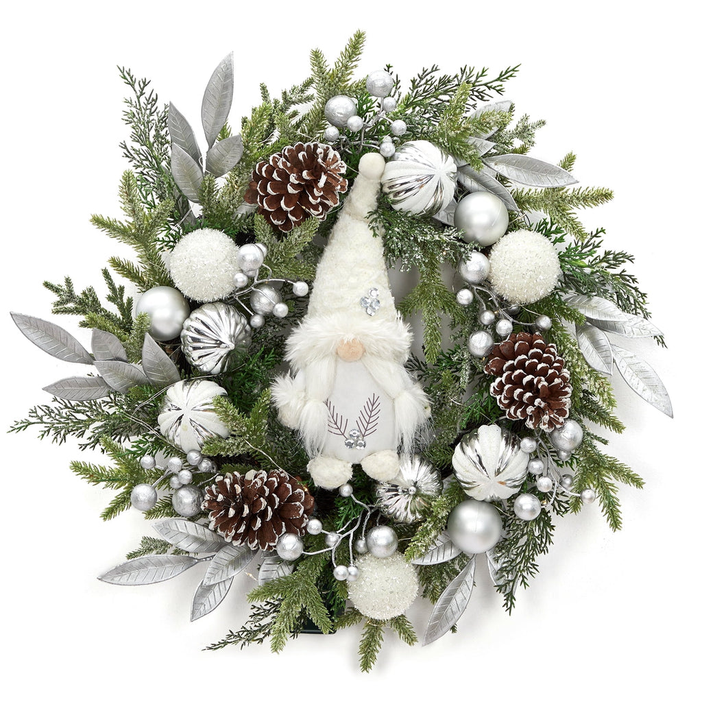 JoanKaren 24 inch Large Christmas Wreath Silver White with 20 LED Lights,Prelit Xmas Wreath w/ Ball Ornaments Pine Cone
