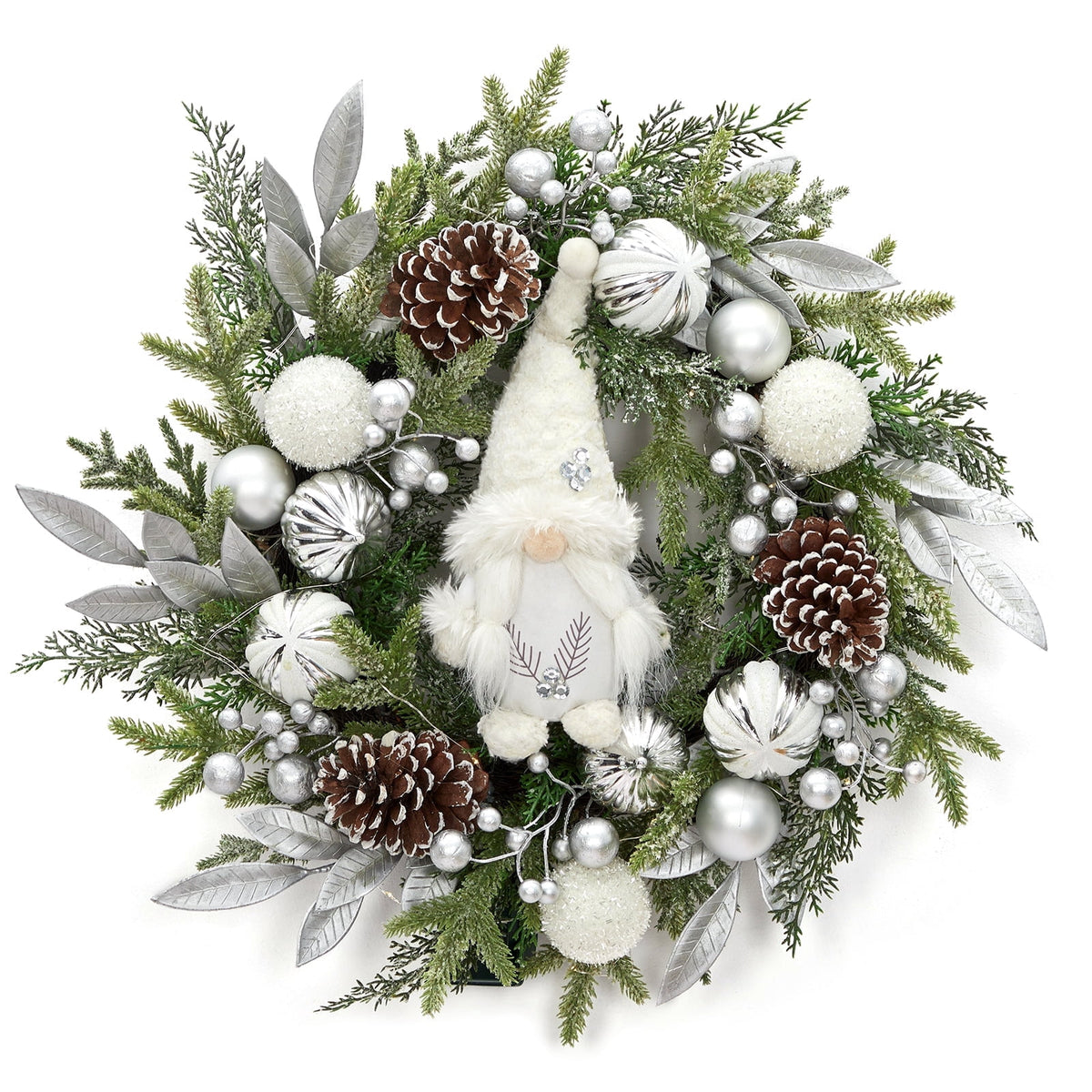 JoanKaren 24 inch Large Christmas Wreath Silver White with 20 LED Lights,Prelit Xmas Wreath w/ Ball Ornaments Pine Cone