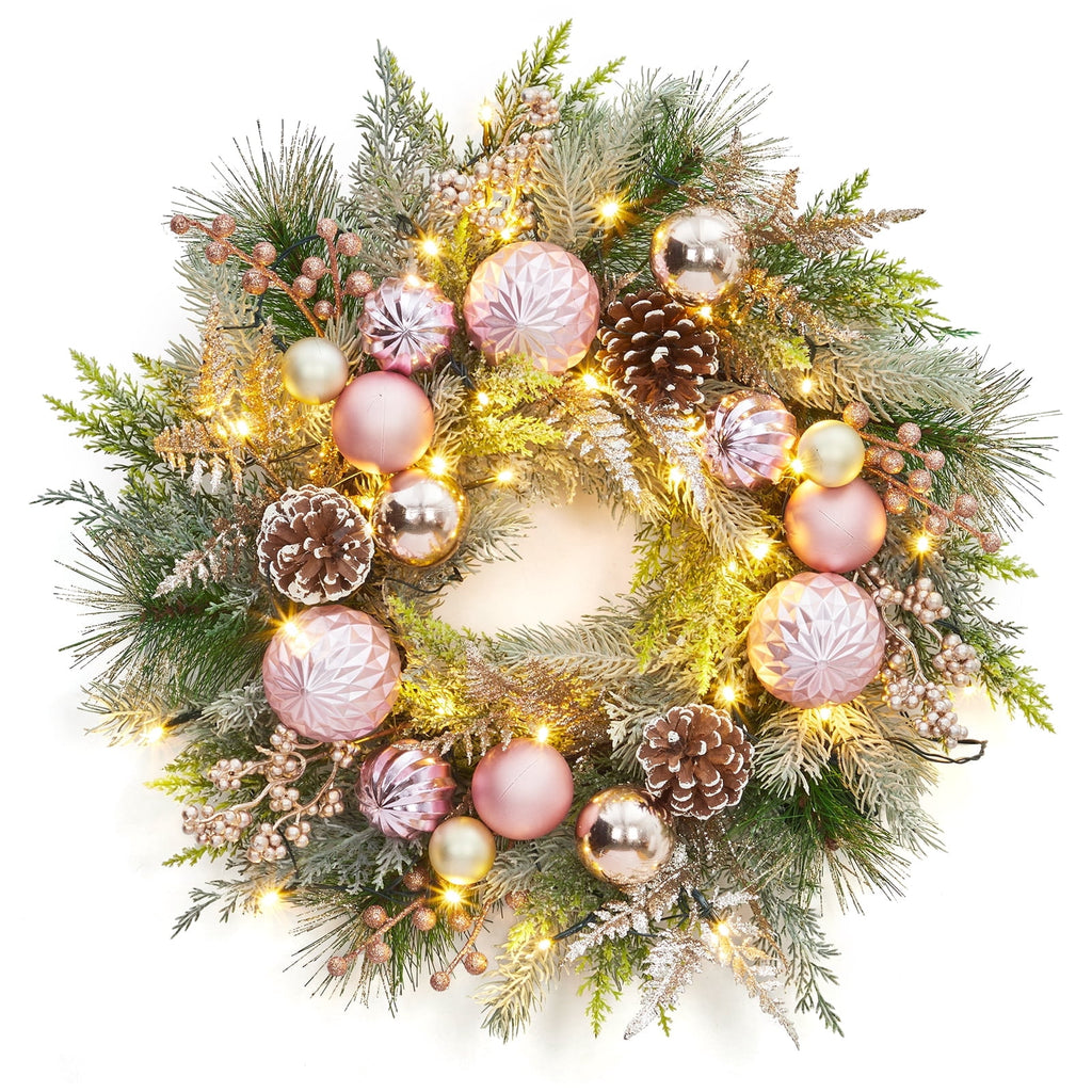 JoanKaren 24 inch Large Christmas Wreath Silver White with 20 LED Lights,Prelit Xmas Wreath w/ Ball Ornaments Pine Cone