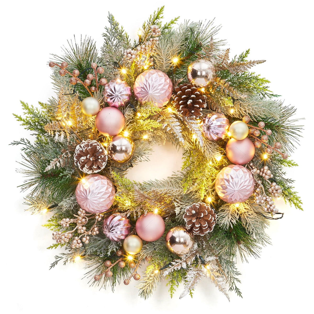 JoanKaren 24 inch Large Christmas Wreath Silver White with 20 LED Lights,Prelit Xmas Wreath w/ Ball Ornaments Pine Cone