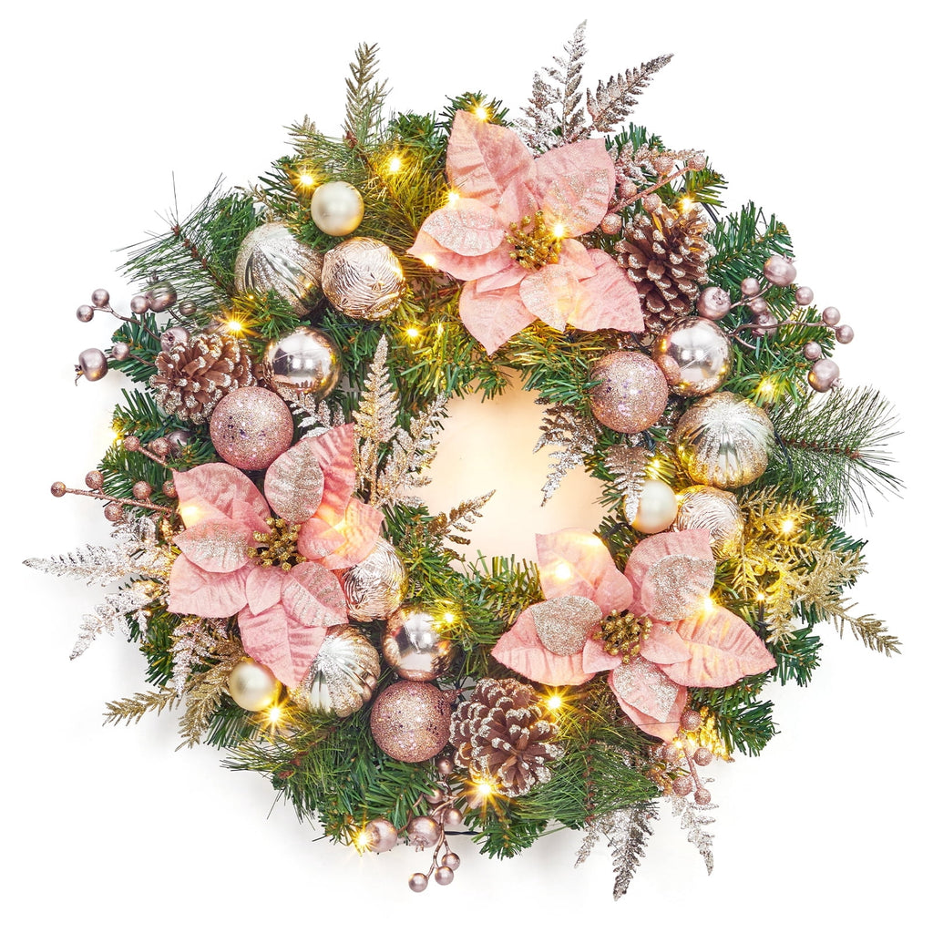 JoanKaren 24 inch Large Christmas Wreath Silver White with 20 LED Lights,Prelit Xmas Wreath w/ Ball Ornaments Pine Cone