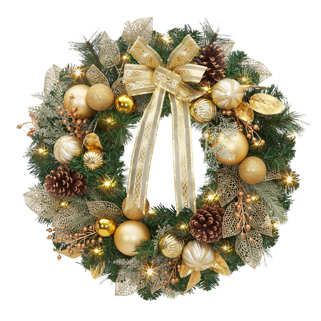 JoanKaren 24 inch Large Christmas Wreath Silver White with 20 LED Lights,Prelit Xmas Wreath w/ Ball Ornaments Pine Cone