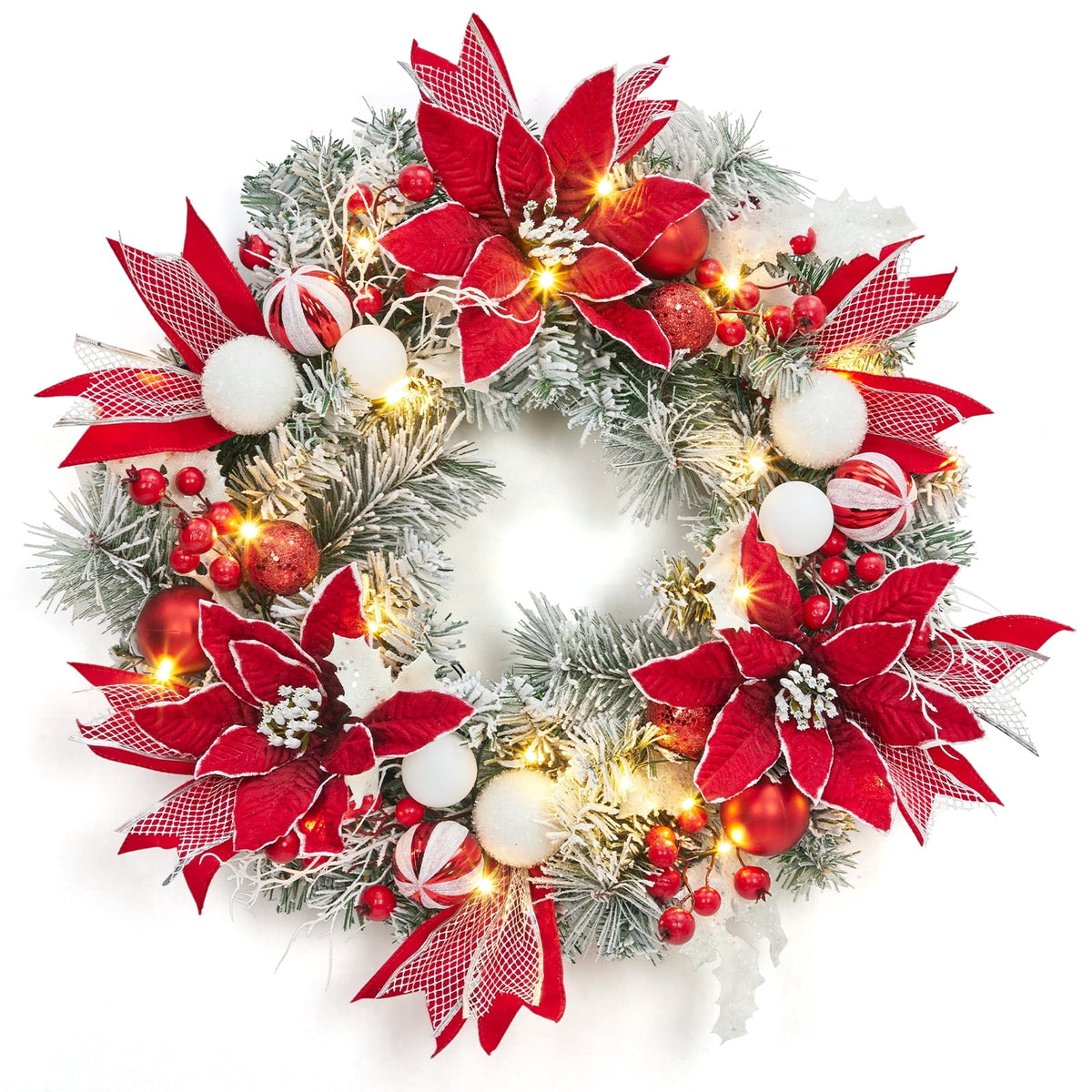 JoanKaren 24 inch Large Christmas Wreath Silver White with 20 LED Lights,Prelit Xmas Wreath w/ Ball Ornaments Pine Cone