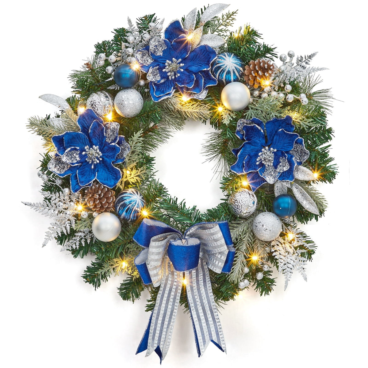 JoanKaren 24 inch Large Christmas Wreath Silver White with 20 LED Lights,Prelit Xmas Wreath w/ Ball Ornaments Pine Cone