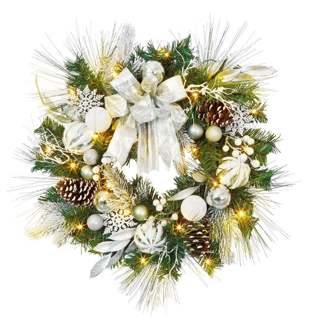 JoanKaren 24 inch Large Christmas Wreath Silver White with 20 LED Lights,Prelit Xmas Wreath w/ Ball Ornaments Pine Cone