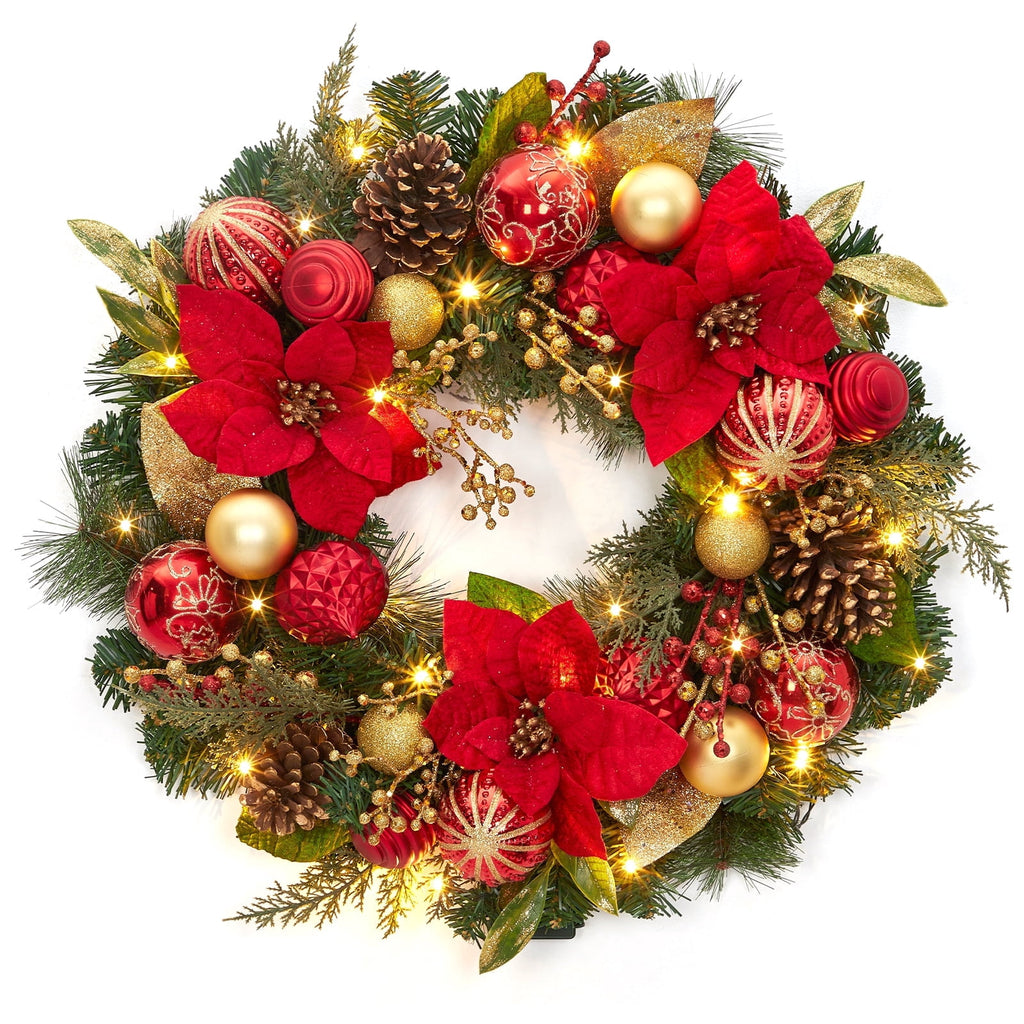 JoanKaren 24 inch Large Christmas Wreath Silver White with 20 LED Lights,Prelit Xmas Wreath w/ Ball Ornaments Pine Cone
