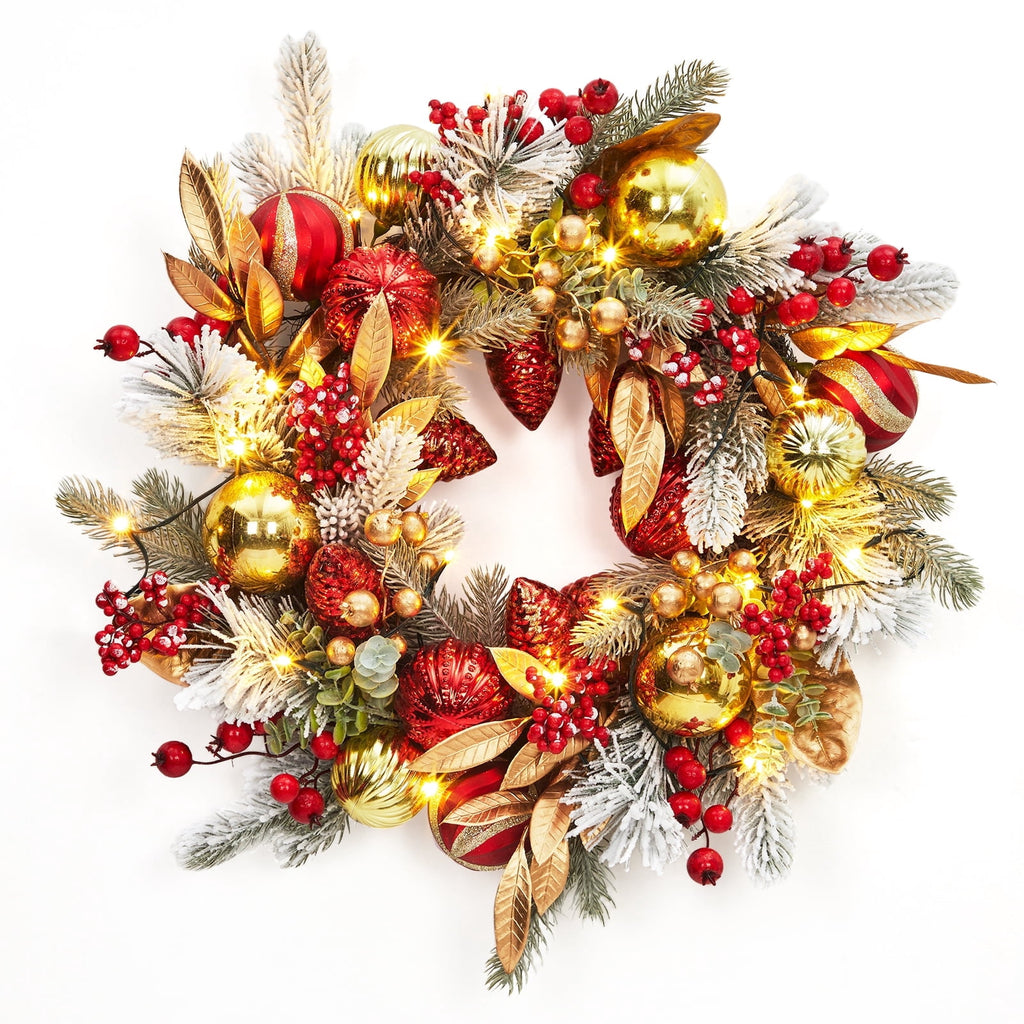 JoanKaren 24 inch Large Christmas Wreath Silver White with 20 LED Lights,Prelit Xmas Wreath w/ Ball Ornaments Pine Cone