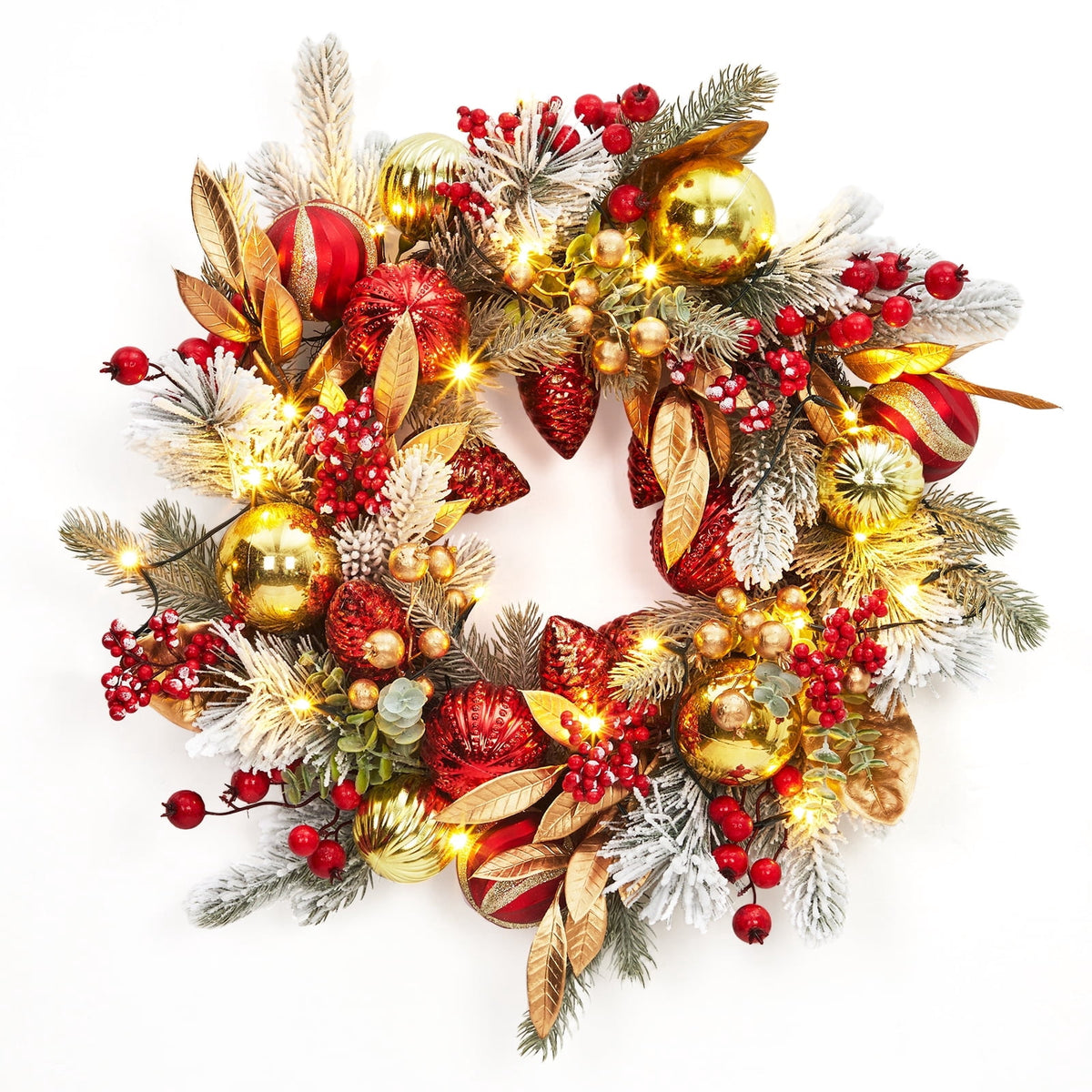 JoanKaren 24 inch Large Christmas Wreath Silver White with 20 LED Lights,Prelit Xmas Wreath w/ Ball Ornaments Pine Cone