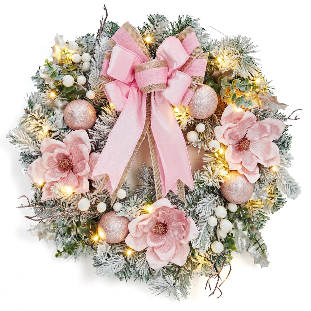 JoanKaren 24 inch Large Christmas Wreath Silver White with 20 LED Lights,Prelit Xmas Wreath w/ Ball Ornaments Pine Cone