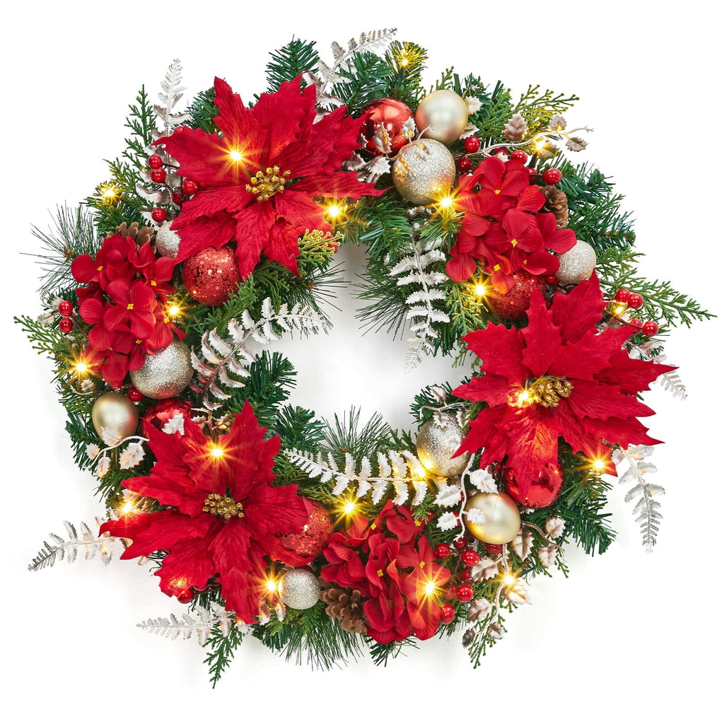 JoanKaren 24 inch Large Christmas Wreath Silver White with 20 LED Lights,Prelit Xmas Wreath w/ Ball Ornaments Pine Cone