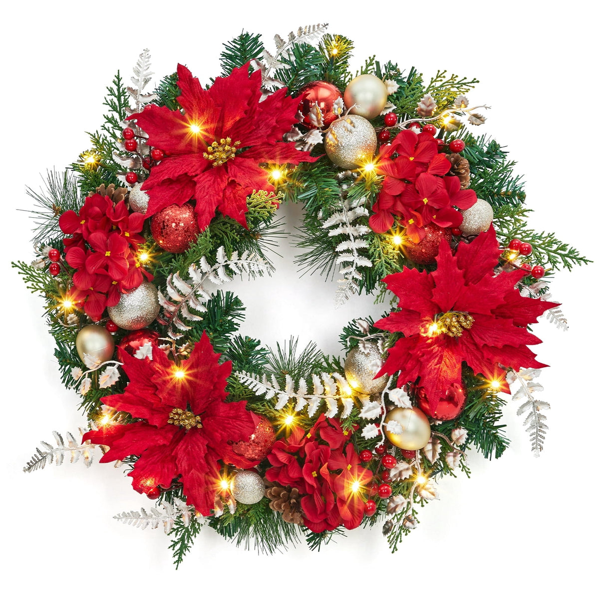 JoanKaren 24 inch Large Christmas Wreath Silver White with 20 LED Lights,Prelit Xmas Wreath w/ Ball Ornaments Pine Cone