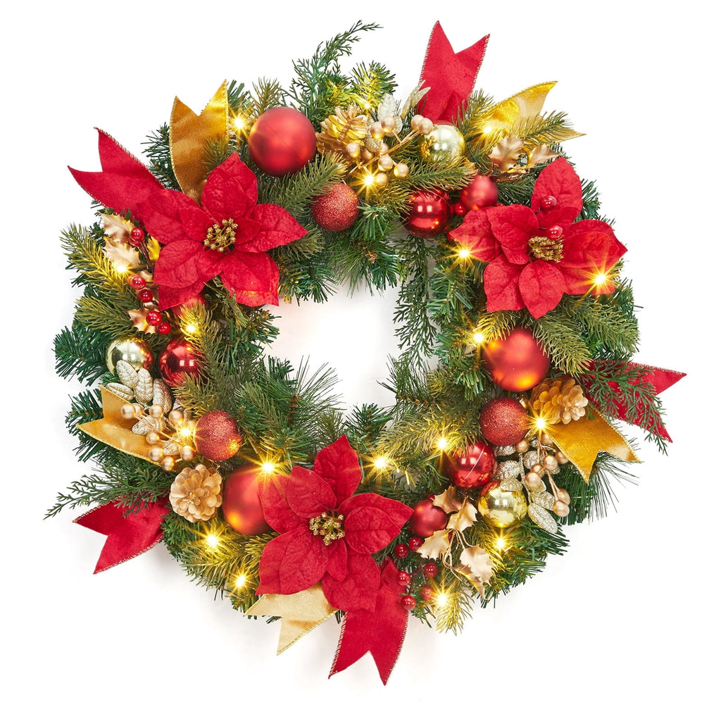 JoanKaren 24 inch Large Christmas Wreath Silver White with 20 LED Lights,Prelit Xmas Wreath w/ Ball Ornaments Pine Cone