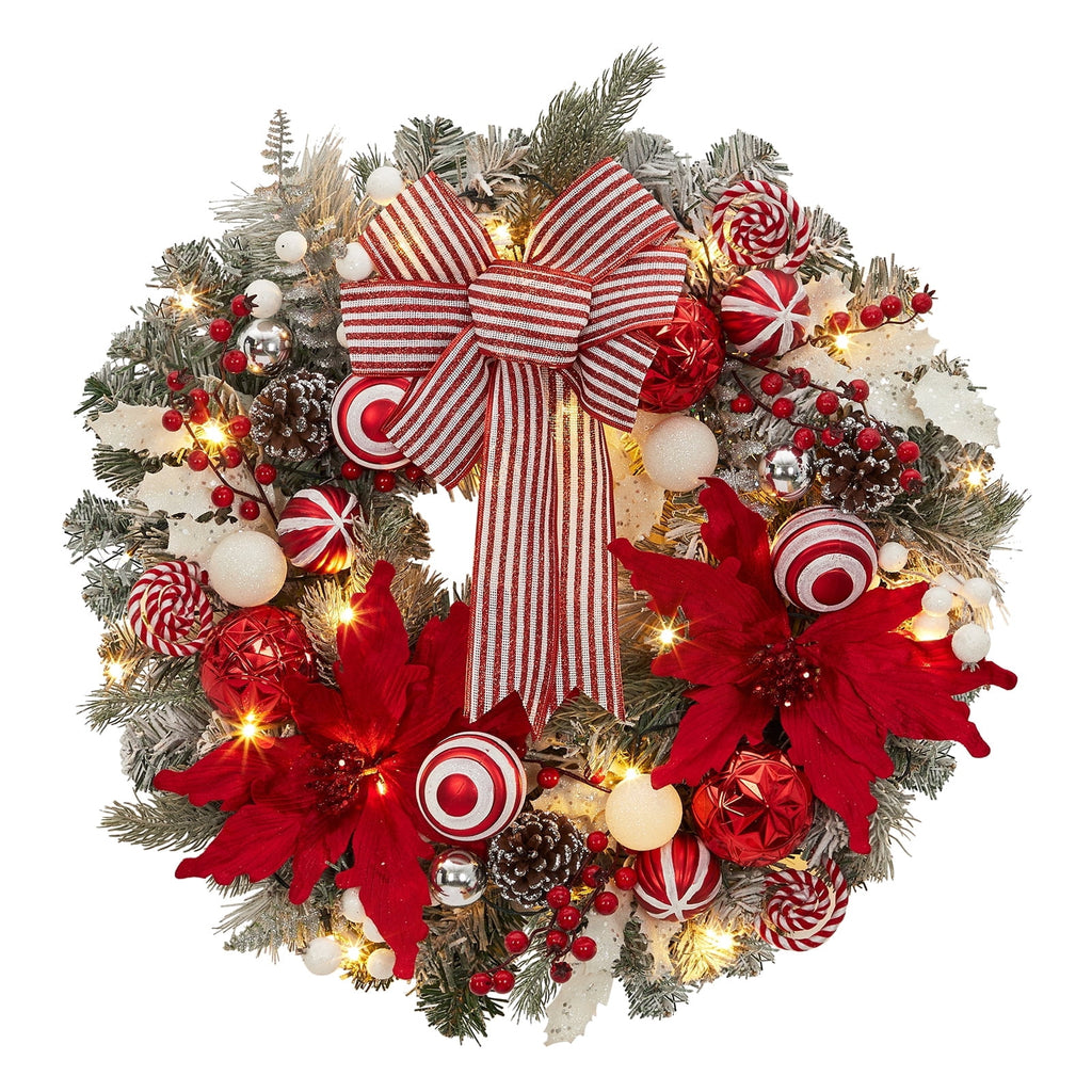JoanKaren 24 inch Large Christmas Wreath Silver White with 20 LED Lights,Prelit Xmas Wreath w/ Ball Ornaments Pine Cone