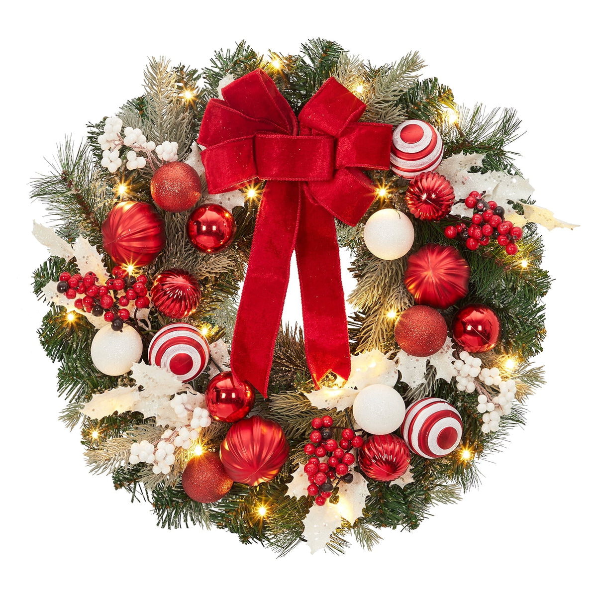 JoanKaren 24 inch Large Christmas Wreath Silver White with 20 LED Lights,Prelit Xmas Wreath w/ Ball Ornaments Pine Cone