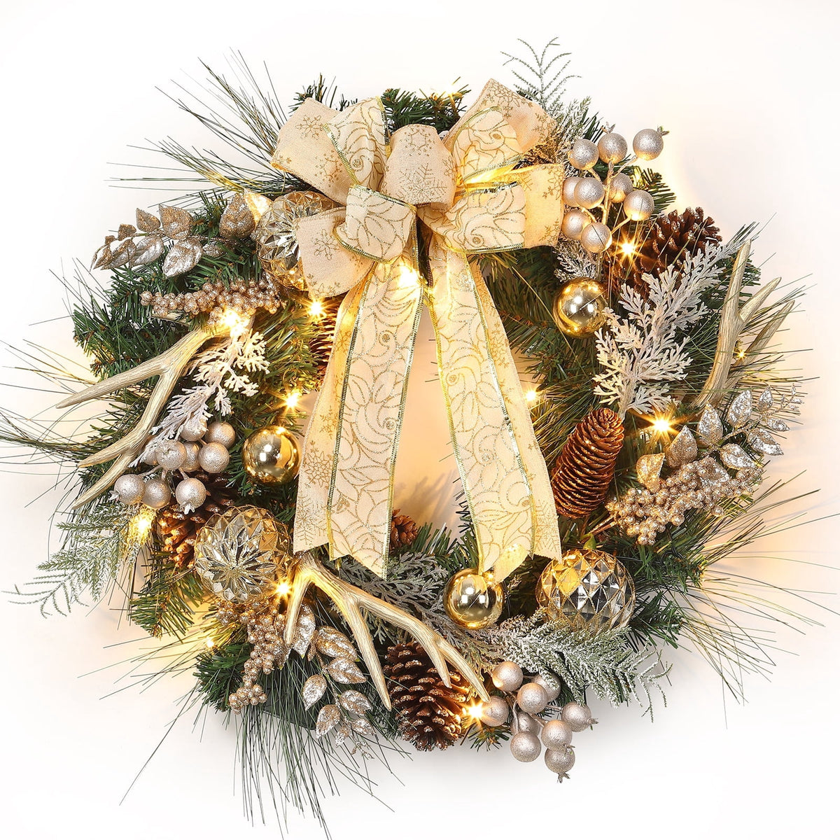 JoanKaren 24 inch Large Christmas Wreath Silver White with 20 LED Lights,Prelit Xmas Wreath w/ Ball Ornaments Pine Cone