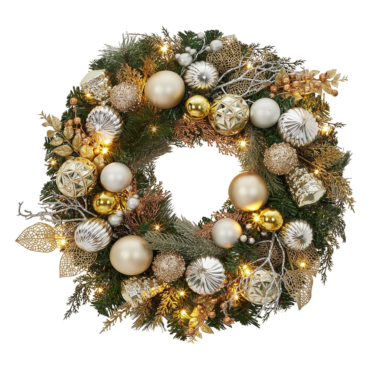 JoanKaren 24 inch Large Christmas Wreath Silver White with 20 LED Lights,Prelit Xmas Wreath w/ Ball Ornaments Pine Cone