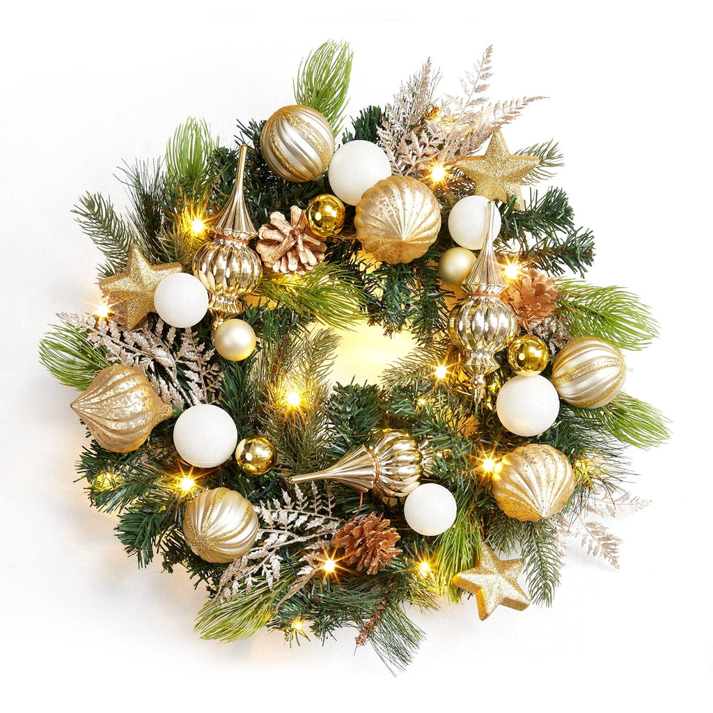 JoanKaren 24 inch Large Christmas Wreath Silver White with 20 LED Lights,Prelit Xmas Wreath w/ Ball Ornaments Pine Cone