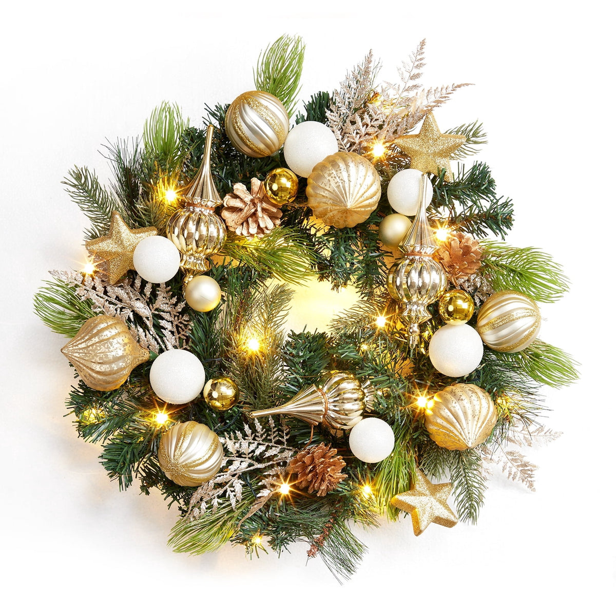 JoanKaren 24 inch Large Christmas Wreath Silver White with 20 LED Lights,Prelit Xmas Wreath w/ Ball Ornaments Pine Cone