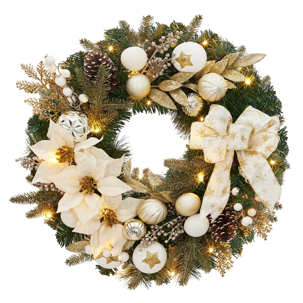JoanKaren 24 inch Large Christmas Wreath Silver White with 20 LED Lights,Prelit Xmas Wreath w/ Ball Ornaments Pine Cone