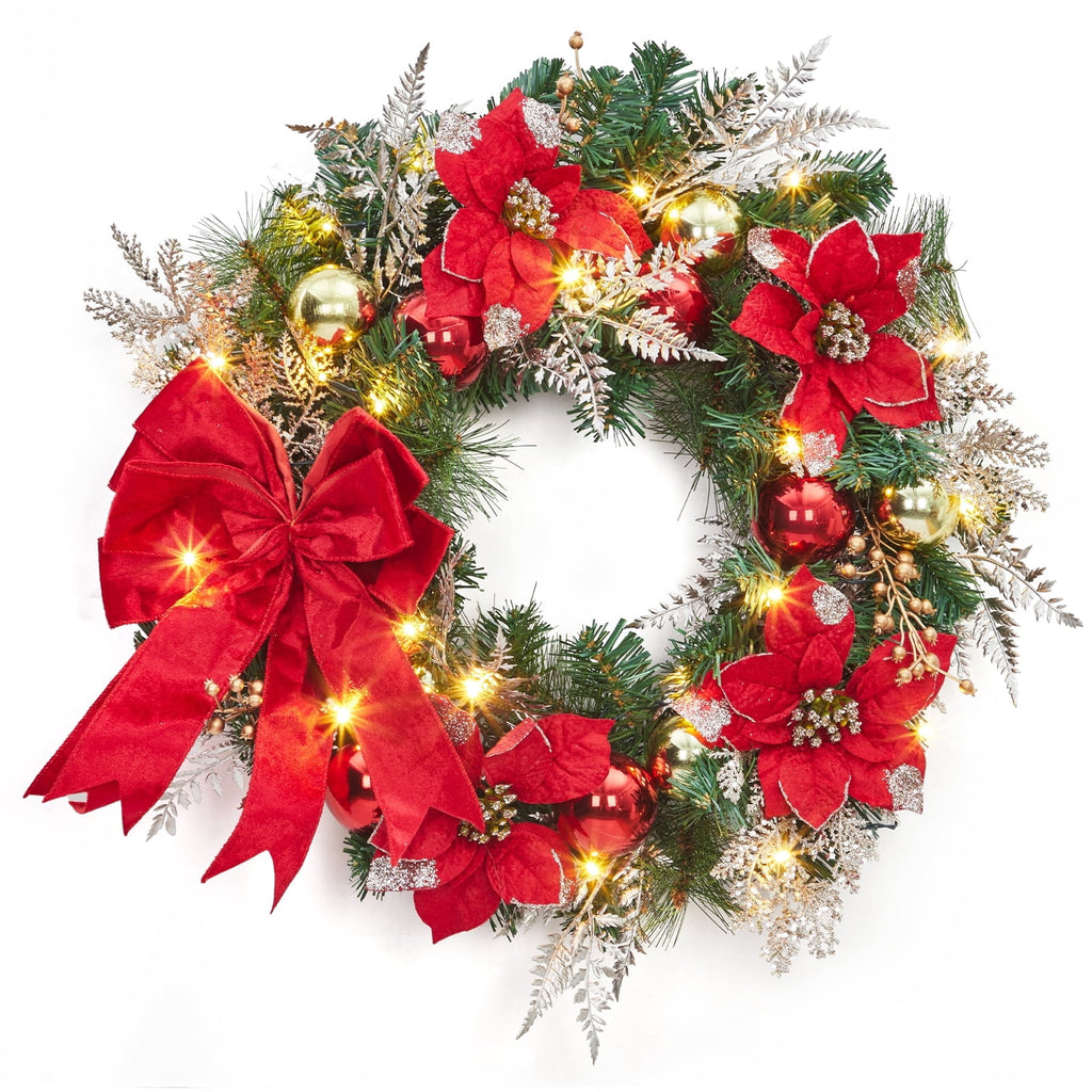 JoanKaren 24 inch Large Christmas Wreath Silver White with 20 LED Lights,Prelit Xmas Wreath w/ Ball Ornaments Pine Cone