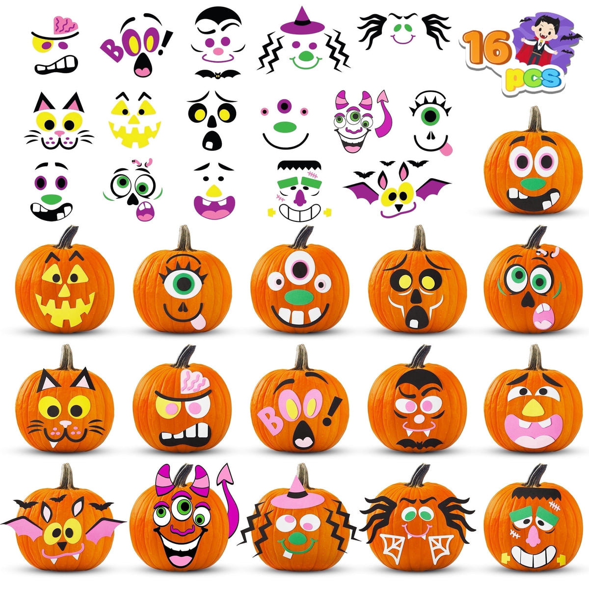 Joyfy 16 Faces Halloween Pumpkin Decorations Stickers Foam Craft Kit, 18 Sheets 16 Designs Halloween Party Favors for Kids, Party Supplies Arts Activities, Jack O Lantern Face Sticker School Gifts