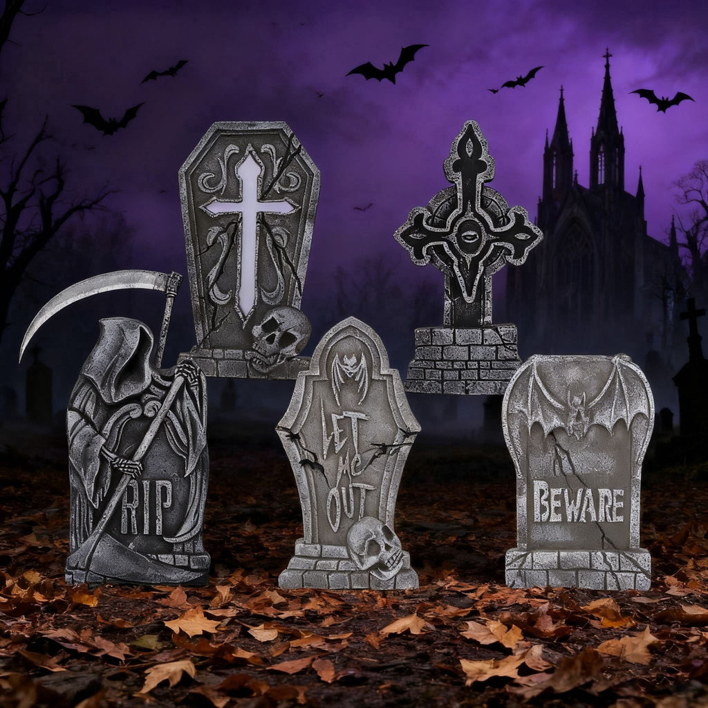 Joyfy 5 Pack Halloween Tombstone Outdoor Decorations,17 Inch Foam RIP Cemetery Headstone Decoration and 12 Halloween Yard Lawn Decoration Metal Stakes