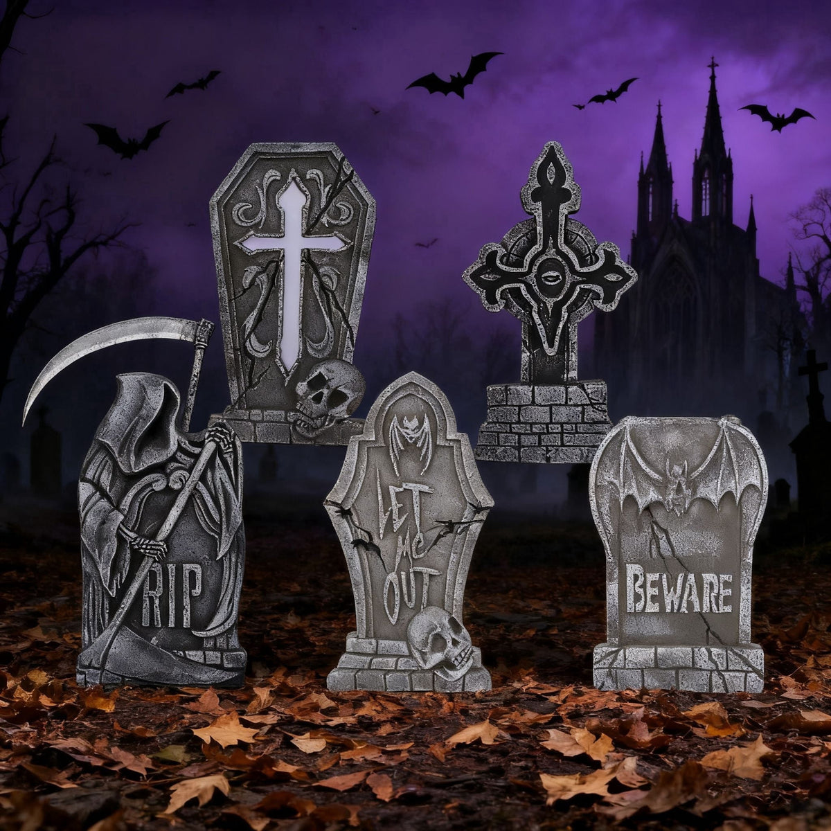 Joyfy 5 Pack Halloween Tombstone Outdoor Decorations,17 Inch Foam RIP Cemetery Headstone Decoration and 12 Halloween Yard Lawn Decoration Metal Stakes