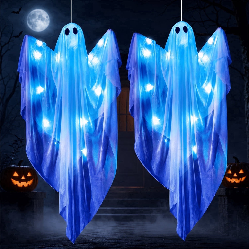 Joyfy 47" Halloween Hanging Light up Ghost Decorations Outdoor,White Ghosts with Blue LED Light and Timer Halloween Hanging Decoration Waterproof for Front Yard Patio Lawn