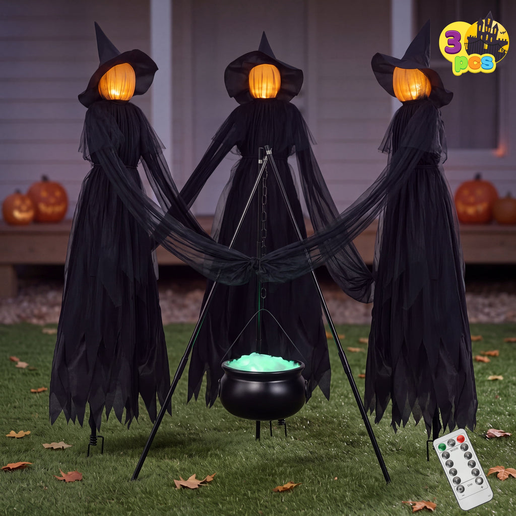 Joyfy 3 Pack Witches Halloween Decorations Outdoor, 51" Sound Activated Light Up Flying Witch Stakes with Color Changing Face & Creepy Sound, Life Size Halloween Props for Lawn Grave Party