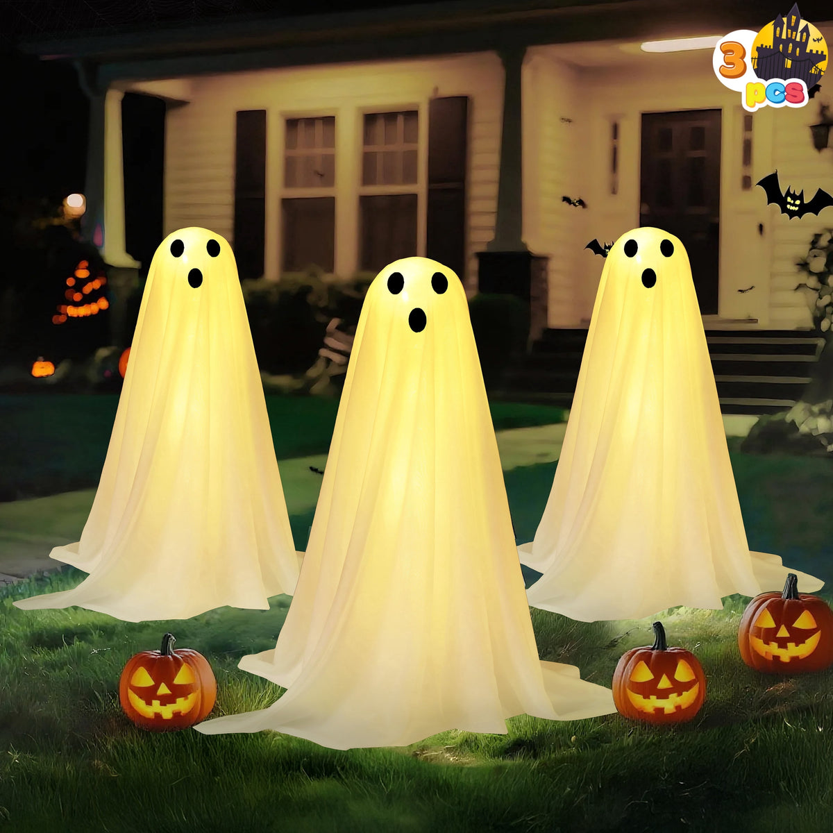 Joyfy 3 Packs Halloween Ghost Decorations Outdoor, Light Up Flying Ghost Pathway Lights， Battery Operated Watereproof Ghost Deocr with 3 Stakes, Halloween Yard Front Porch Haunted House Decorations