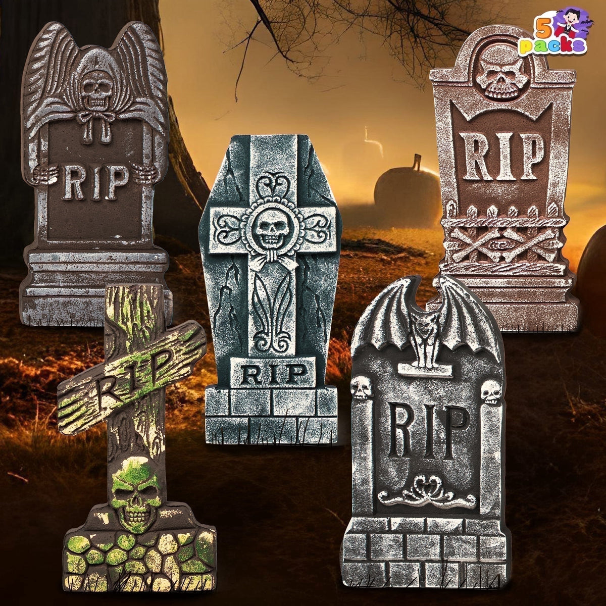 Joyfy 5 Pack Halloween Tombstone Outdoor Decorations,17 Inch Foam RIP Cemetery Headstone Decoration and 12 Halloween Yard Lawn Decoration Metal Stakes