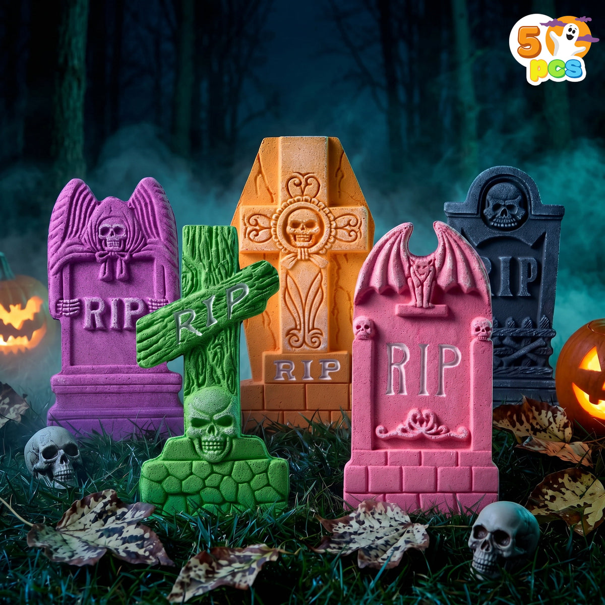 Joyfy 5 Pack Halloween Tombstone Outdoor Decorations,17 Inch Foam RIP Cemetery Headstone Decoration and 12 Halloween Yard Lawn Decoration Metal Stakes