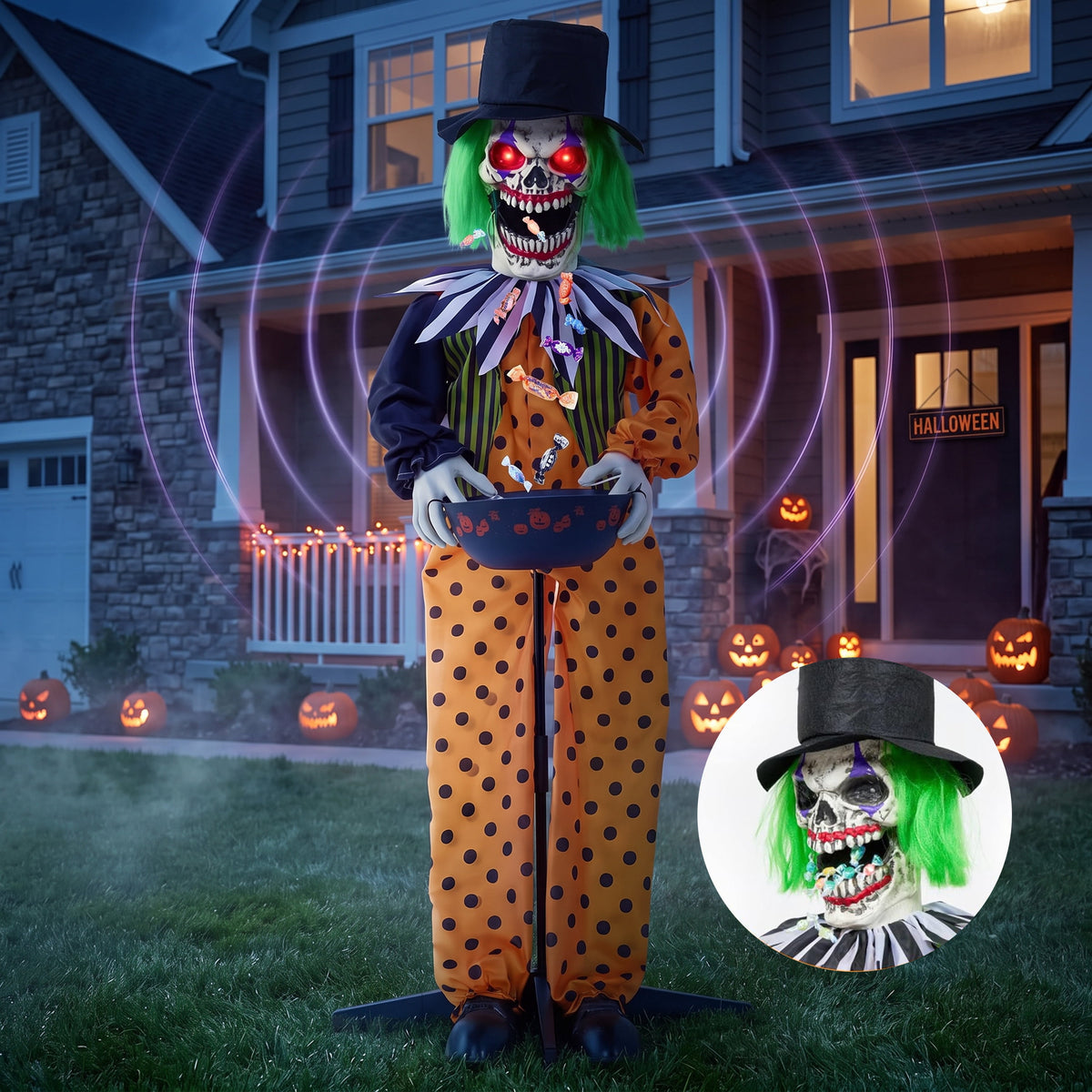 Joyfy 67"(5.6ft) Standing Grim Reaper with Chain, Large Halloween Decorations Outdoor, Life Size Animatronics Skelton, Sound-Actived Party Decor with Creepy Sound & LED Eyes, Scary Haunted House Prop