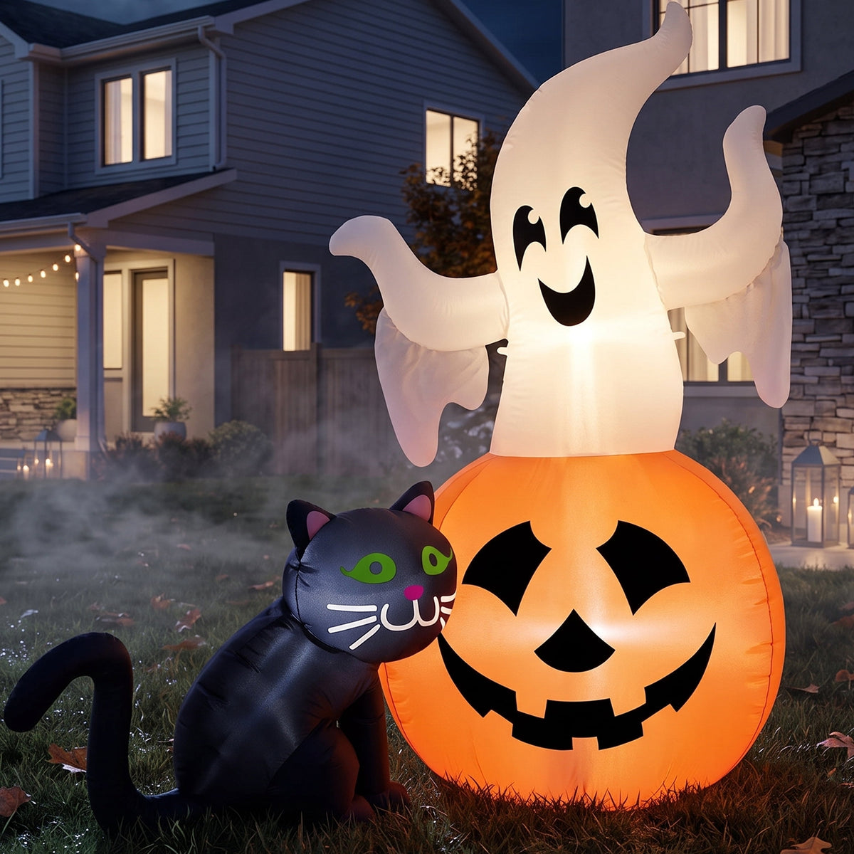 Joyfy 5ft Halloween Inflatables Light up Cute Ghost,Blow Up Ghost Lift Pumpkin Candy Bag with Build-in LEDs for Yard Decorations