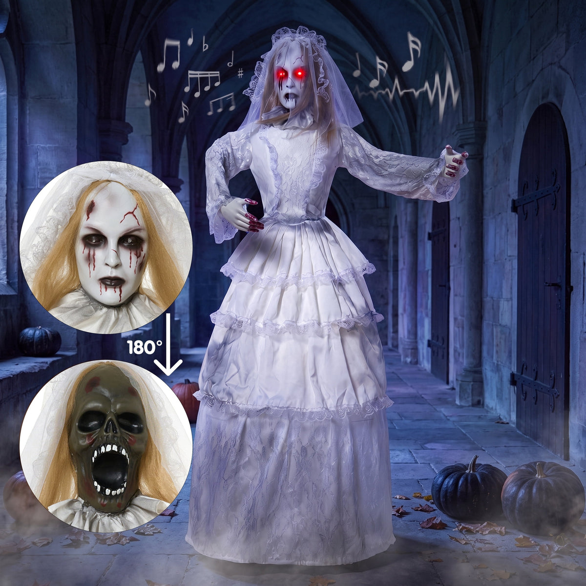 Joyfy 6.2 FT (74.8") Halloween Decoration Outdoor Animatronic Ghost Doctor, Sound Activated Life-Size Standing Ghost with Rotating Head, LED Eyes & Lantern, for Scary Haunted House,Yard Decor