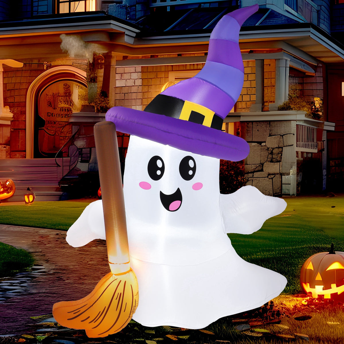 Joyfy 5ft Halloween Inflatables Light up Cute Ghost,Blow Up Ghost Lift Pumpkin Candy Bag with Build-in LEDs for Yard Decorations