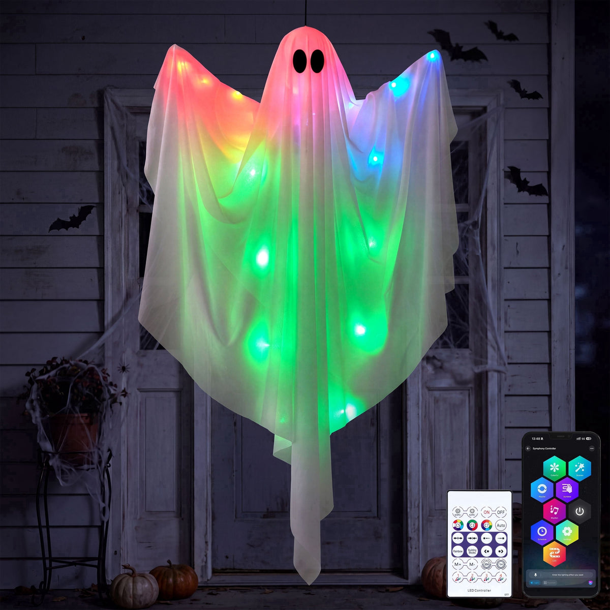 Joyfy 47" Halloween Hanging Light up Ghost Decorations Outdoor,White Ghosts with Blue LED Light and Timer Halloween Hanging Decoration Waterproof for Front Yard Patio Lawn