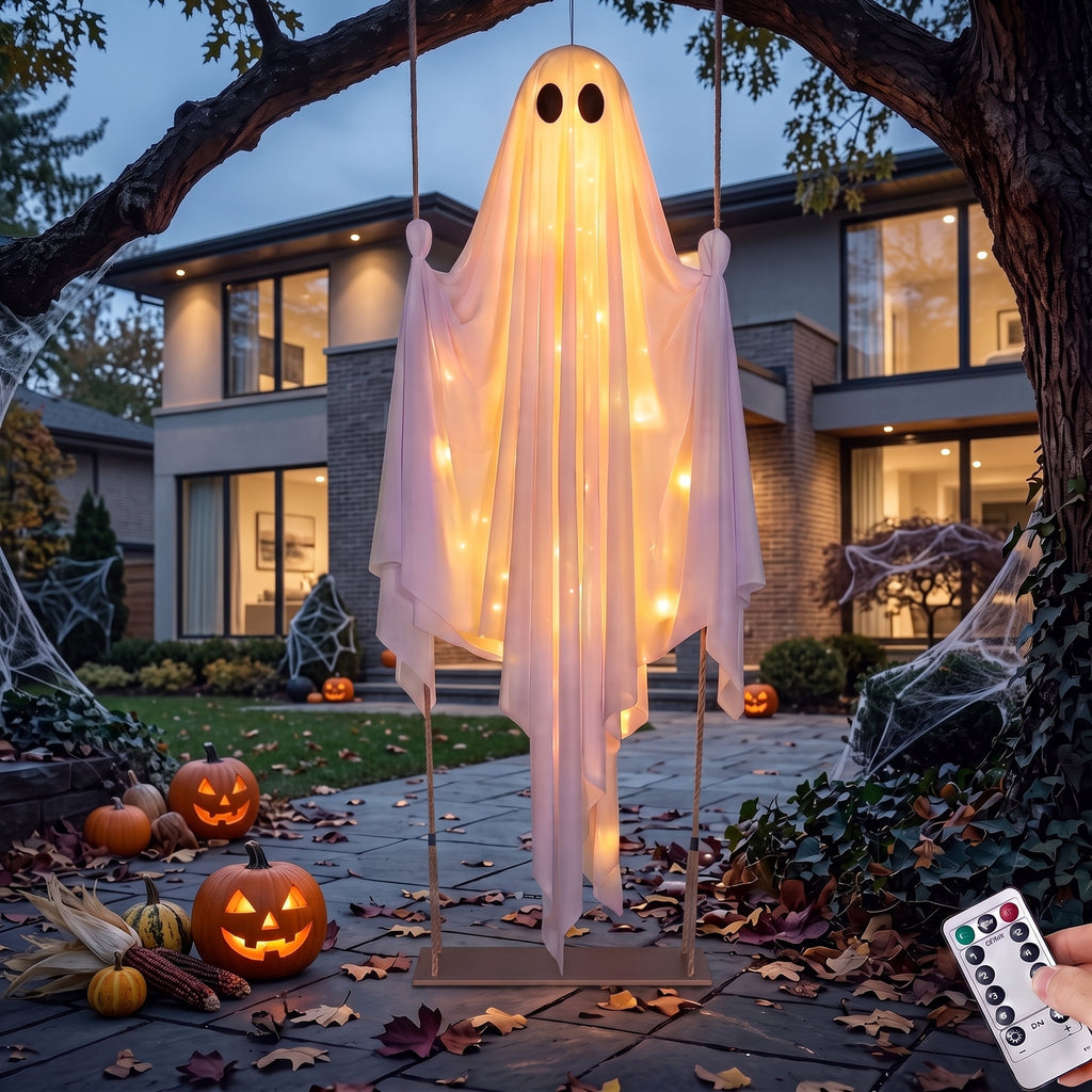 Joyfy 3 FT Halloween Hanging Swinging Skeleton,Light Up Creepy Grim Reaper with Black Hood Decorations for Halloween Hanging Decorations Indoor Outdoor Yard Home Decorations