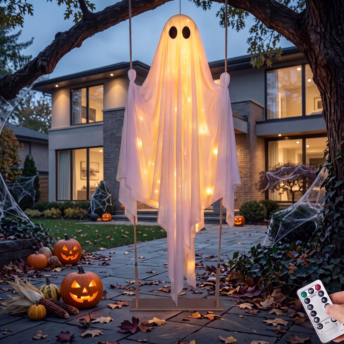 Joyfy 3 FT Halloween Hanging Swinging Skeleton,Light Up Creepy Grim Reaper with Black Hood Decorations for Halloween Hanging Decorations Indoor Outdoor Yard Home Decorations