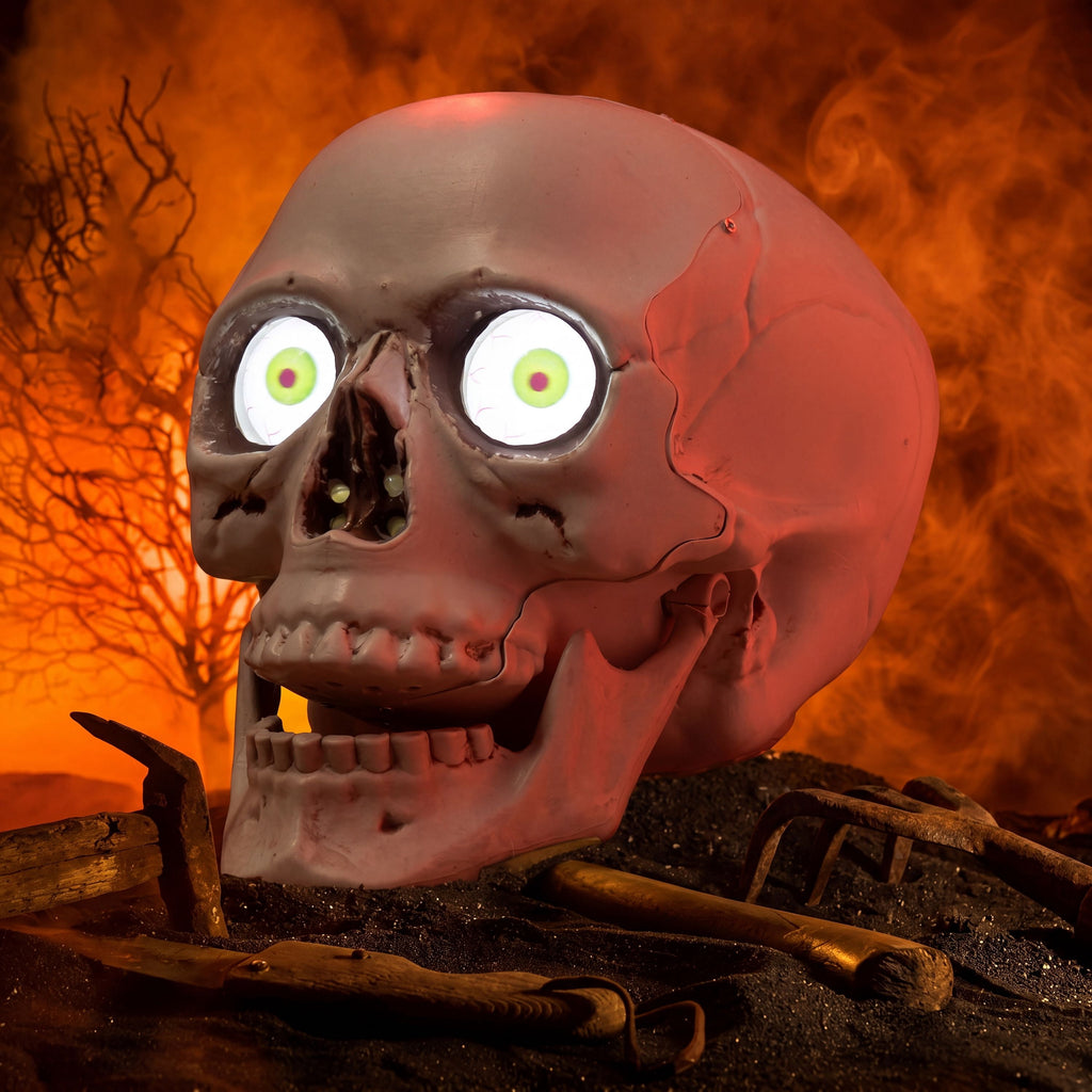 Joyfy Sound Activated Animated Skull Halloween Indoor Decor,LED Light Up Moving Eyeballs Skull Tabletop Ornament,Scary Haunted House Party Desktop Home Decoration Supplies