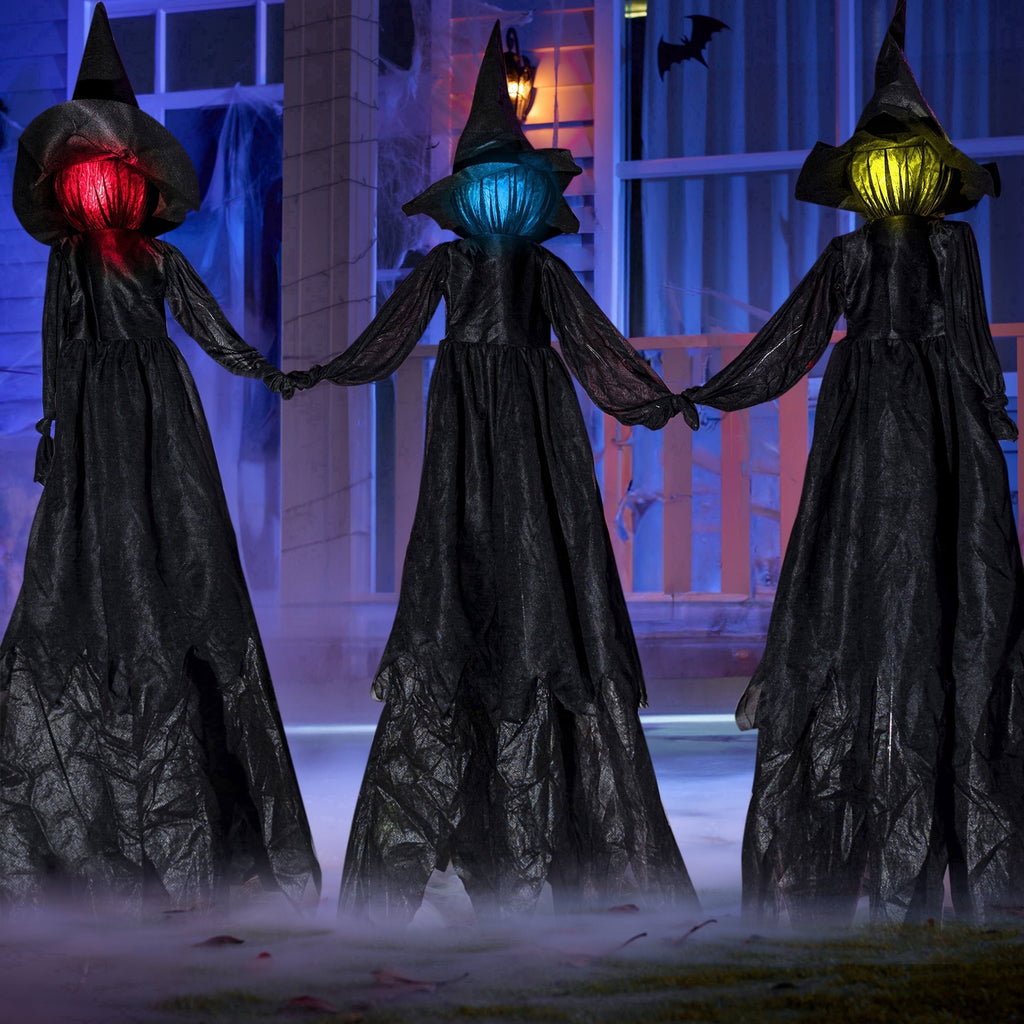 Joyfy 3 Pack Witches Halloween Decorations Outdoor, 51" Sound Activated Light Up Flying Witch Stakes with Color Changing Face & Creepy Sound, Life Size Halloween Props for Lawn Grave Party