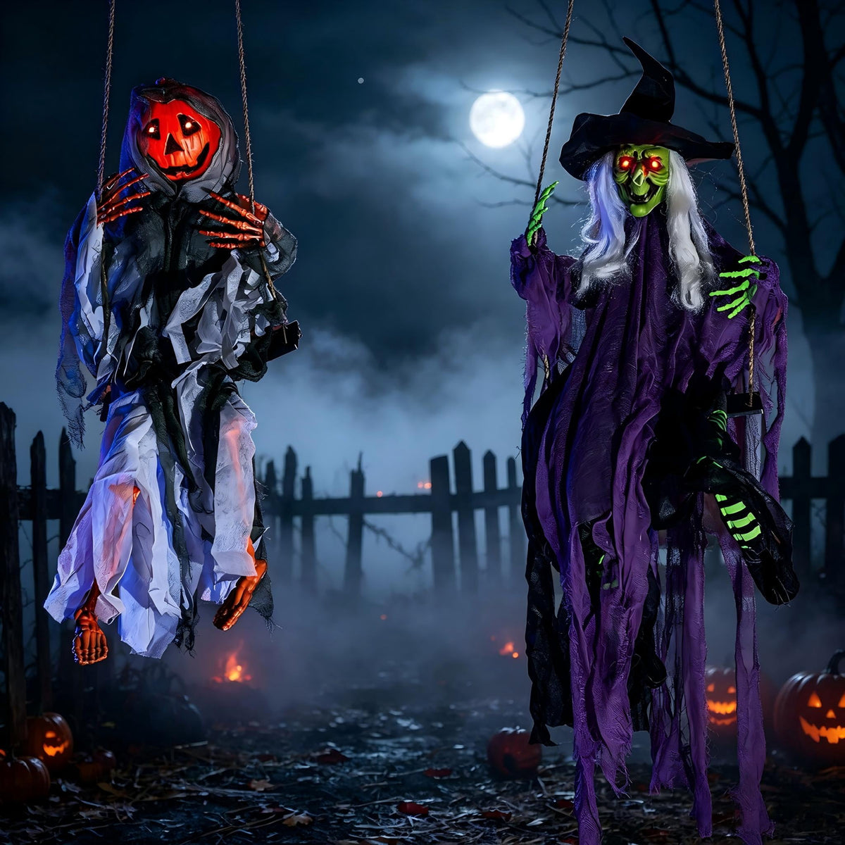 Joyfy 2 Packs Halloween Decorations Outdoor Hanging Swinging Skeleton Ghosts,3 ft Light Up Creepy Grim Reaper Decorations for Halloween Hanging Decorations Indoor Outdoor Yard