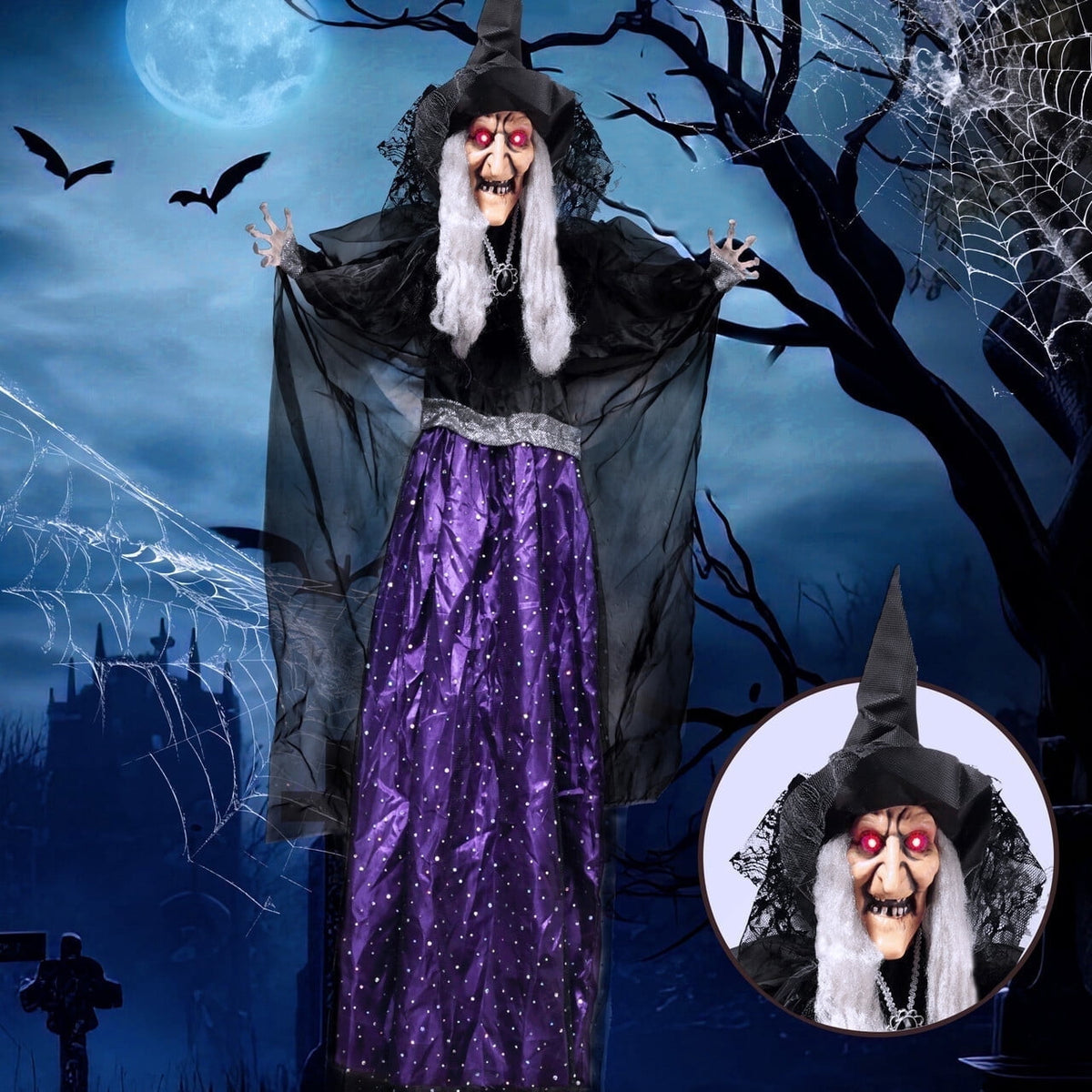 Joyfy 6ft Halloween Witch Decoration,Outdoor Scary Halloween Animatronic Hanging Witch with Light Up Eyes and Sound Decoration for Halloween Outdoor